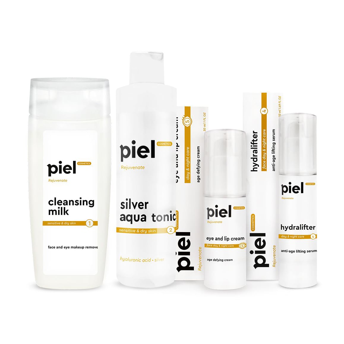 Антивіковий комплекс для ліфтингу шкіри навколо очей та губ Piel Cosmetics (молочко, 250 мл + тонік, 250 мл + крем, 50 мл + сироватка, 30 мл)